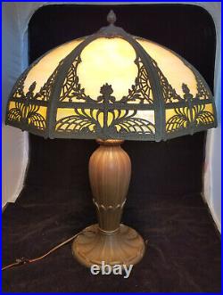 Antique Art nouveau table lamp bronze base with slag glass shade