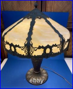 Antique Art nouveau table lamp bronze patinated base with slag glass shade