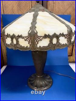 Antique Art nouveau table lamp bronze patinated base with slag glass shade