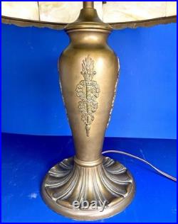 Antique Art nouveau table lamp bronze patinated base with slag glass shade