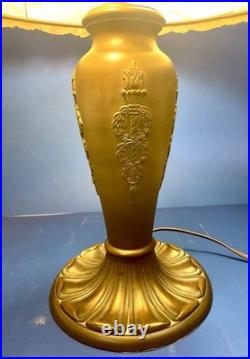 Antique Art nouveau table lamp bronze patinated base with slag glass shade Antique Art nouveau table lamp bronze patinated base with slag glass shade