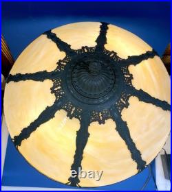 Antique Art nouveau table lamp bronze patinated base with slag glass shade