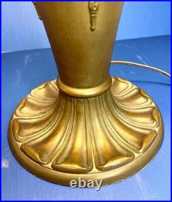 Antique Art nouveau table lamp bronze patinated base with slag glass shade