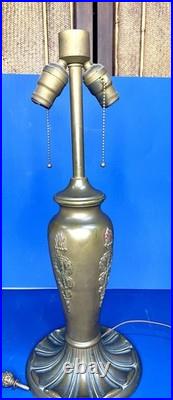 Antique Art nouveau table lamp bronze patinated base with slag glass shade