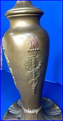 Antique Art nouveau table lamp bronze patinated base with slag glass shade