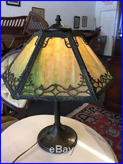Antique Arts And Crafts 6 Panel Slag Glass Table Lamp