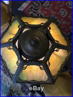 Antique Arts And Crafts 6 Panel Slag Glass Table Lamp