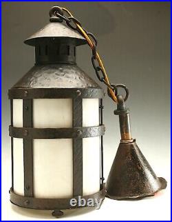 Antique Arts And Crafts Stickley Era Hanging Porch Slag Glass Lamp Roycroft