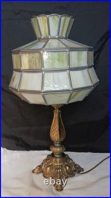 Antique Arts And Crafts Style Green Slag Glass Lamp