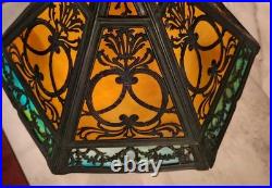 Antique Arts & CRAFTS Bradley Hubbard Marked Slag Glass Table Lamp 19x15