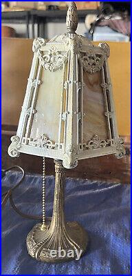 Antique Arts & Craft Desk Lamp with Slag Glass Rams Heads Shade