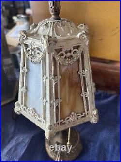 Antique Arts & Craft Desk Lamp with Slag Glass Rams Heads Shade