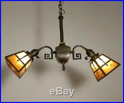Antique Arts & Craft Mission Hanging Slag Glass Lamp Chandelier