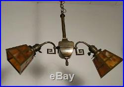 Antique Arts & Craft Mission Hanging Slag Glass Lamp Chandelier