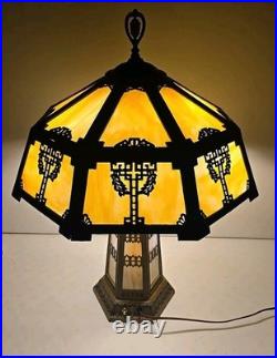 Antique Arts & Crafts 18 Panel Caramel Slag Glass Lamp With Lighted Base Miller