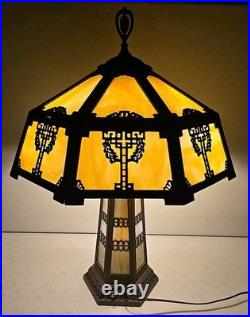 Antique Arts & Crafts 18 Panel Caramel Slag Glass Lamp With Lighted Base Miller