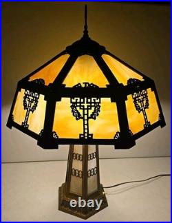 Antique Arts & Crafts 18 Panel Caramel Slag Glass Lamp With Lighted Base Miller