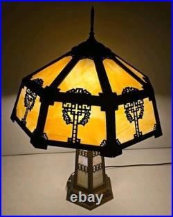 Antique Arts & Crafts 18 Panel Caramel Slag Glass Lamp With Lighted Base Miller