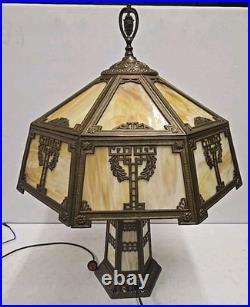 Antique Arts & Crafts 18 Panel Caramel Slag Glass Lamp With Lighted Base Miller