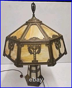 Antique Arts & Crafts 18 Panel Caramel Slag Glass Lamp With Lighted Base Miller