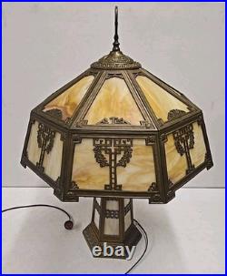 Antique Arts & Crafts 18 Panel Caramel Slag Glass Lamp With Lighted Base Miller