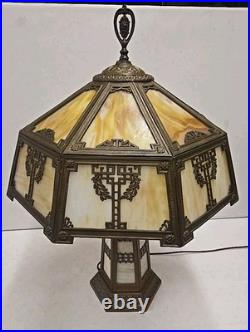 Antique Arts & Crafts 18 Panel Caramel Slag Glass Lamp With Lighted Base Miller