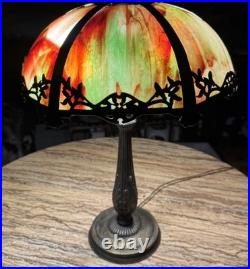 Antique Arts & Crafts 6 Panel Colorful SLAG GLASS Table Lamp UNIQUE re-wired