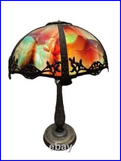 Antique Arts & Crafts 6 Panel Colorful SLAG GLASS Table Lamp UNIQUE re-wired
