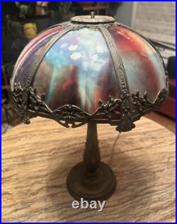 Antique Arts & Crafts 6 Panel Colorful SLAG GLASS Table Lamp UNIQUE re-wired