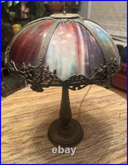 Antique Arts & Crafts 6 Panel Colorful SLAG GLASS Table Lamp UNIQUE re-wired