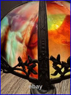 Antique Arts & Crafts 6 Panel Colorful SLAG GLASS Table Lamp UNIQUE re-wired