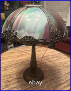 Antique Arts & Crafts 6 Panel Colorful SLAG GLASS Table Lamp UNIQUE re-wired