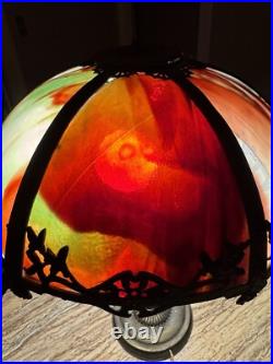 Antique Arts & Crafts 6 Panel Colorful SLAG GLASS Table Lamp UNIQUE re-wired