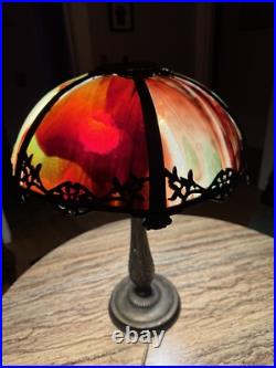 Antique Arts & Crafts 6 Panel Colorful SLAG GLASS Table Lamp UNIQUE re-wired