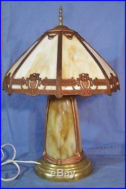 Antique Arts & Crafts / Art Nouveau Slag Glass 8 Panel Table Lamp Lighted Base
