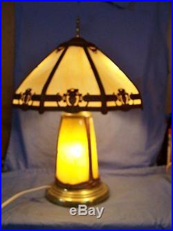 Antique Arts & Crafts / Art Nouveau Slag Glass 8 Panel Table Lamp Lighted Base