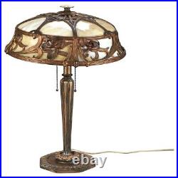 Antique Arts & Crafts Bent Slag Glass Table Lamp with Floral Shade C1920 Antique Arts & Crafts Bent Slag Glass Table Lamp with Floral Shade C1920