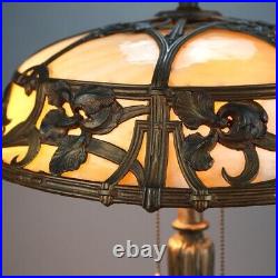 Antique Arts & Crafts Bent Slag Glass Table Lamp with Floral Shade C1920 Antique Arts & Crafts Bent Slag Glass Table Lamp with Floral Shade C1920