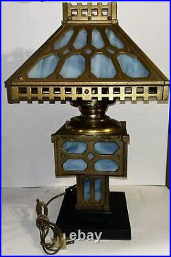 Antique Arts & Crafts Bradley & Hubbard Blue Slag Glass Oil Lamp