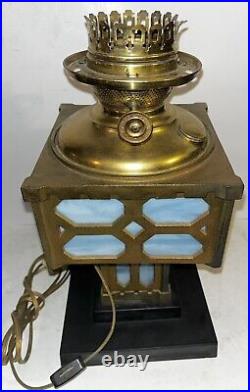 Antique Arts & Crafts Bradley & Hubbard Blue Slag Glass Oil Lamp