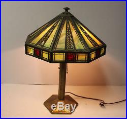 Antique Arts & Crafts Bradley & Hubbard Slag Glass Panel Table Lamp