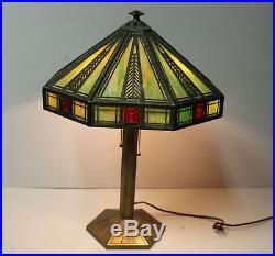 Antique Arts & Crafts Bradley & Hubbard Slag Glass Panel Table Lamp