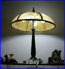 Antique Arts & Crafts Bradley & Hubbard Slag Glass Reverse Painted Lamp, c1920