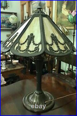 Antique Arts & Crafts Bradley & Hubbard Slag Glass Table Lamp, Signed