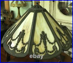 Antique Arts & Crafts Bradley & Hubbard Slag Glass Table Lamp, Signed