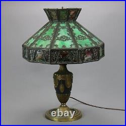 Antique Arts & Crafts Bradley & Hubbard Two-Tone Slag Glass Lamp, Clover, c1920