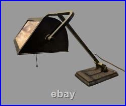 Antique Arts & Crafts Brass & Slag Glass Bankers Desk Table Lamp