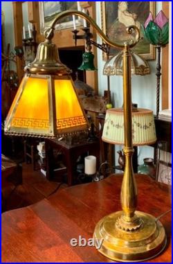 Antique Arts & Crafts Brass and Greek Key Slag Glass Desk Lamp