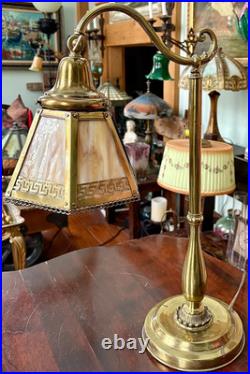 Antique Arts & Crafts Brass and Greek Key Slag Glass Desk Lamp