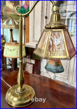 Antique Arts & Crafts Brass and Greek Key Slag Glass Desk Lamp